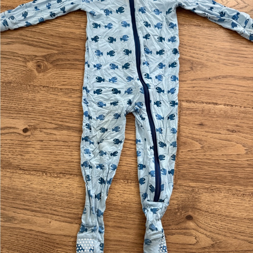 Kickee Pants Light Blue Whale Print Footed Pajamas with Navy Trim